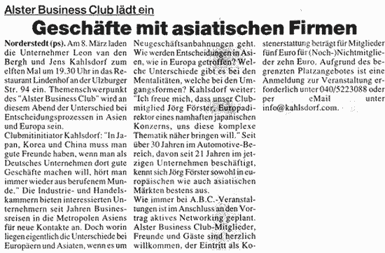 ALSTER BUSINESS CLUB l&auml;dt ein: Gesch&auml;fte mit asiatischen Firmen