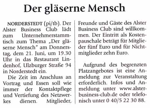 Public Relations beim Heimatspiegel Extra: Der gl&auml;serne Mensch