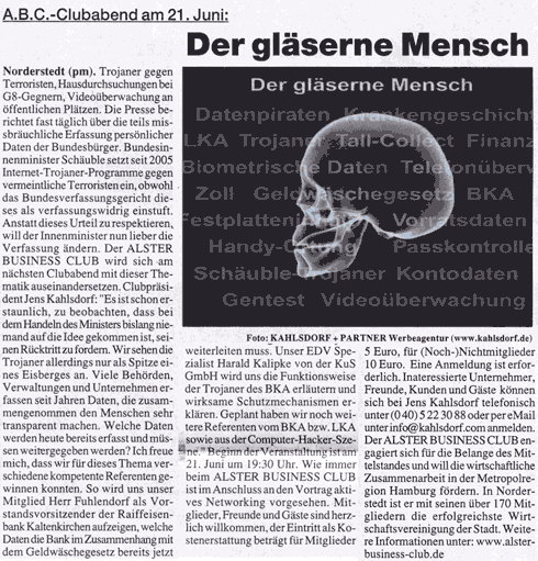 Pressebericht zum Businesstreff: Der gl&auml;serne Mensch