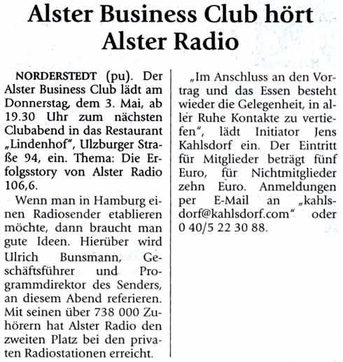 Zeitungsartikel Heimatspiegel: Alster Business Club h&ouml;rt Alster Radio