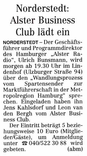 Zeitungsbericht Sonntags Anzeiger: Norderstedt: Alster Business Club l&auml;dt ein