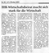 IHK-L&uuml;beck: Werbeagentur Hamburg Gesellschafter Jens Kahlsdorf jetzt Mitglied im IHK-Wirtschaftsbeirat Segeberg.  Der Inhaber der Norderstedter Werbeagentur KAHLSDORF + PARTNER Jens Kahlsdorf ist jetzt Mitglied im IHK-Wirtschaftsbeirat Segeberg.  Auf der Sitzung im August 2005 im Gr&uuml;nderzentrum H+H Celcon in Wittenborn konnte Jens Kahlsdorf neben den urspr&uuml;nglichen Tagesordnungspunkten, wie das Stadortentwicklungskonzept f&uuml;r den Nordosten des Landkreises Segeberg, die Verwaltungsstrukturreform, die Zukunft der IHKs in Schleswig-Holstein - Zusammenarbeit statt Zusammenlegung und die Neufassung des Berufbildungsgesetztes, auch Themen wie den Gewerbesteuerhebesatz in Norderstedt, das Problem der Berufschule f&uuml;r Auszubildende in der Werbebranche im Hamburger Umland und die unzureichende Ber&uuml;cksichtigung der regional ans&auml;ssigen, mittelst&auml;ndischen Betriebe im Kreis Segeberg bei &ouml;ffentlichen Ausschreibungen im Mittelstandsf&ouml;rderungsgesetz zur Sprache bringen.  Die Pressever&ouml;ffentlichung k&ouml;nnen Sie sich durch einen Klick auf Vorschau (links) ansehen.